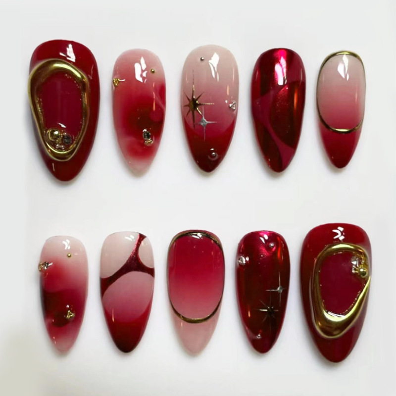 Resin Art Online - 24 шт., красные миндалевидные накладные ногти,